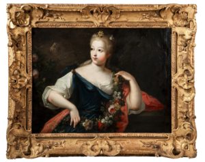 École Française du XVIIIe, entourage de Pierre GOBERT (1662-1744)  Allégorie du printemps  Huile sur toile.  Présenté dans un cadre sculpté et doré de style Louis XV  Signature 